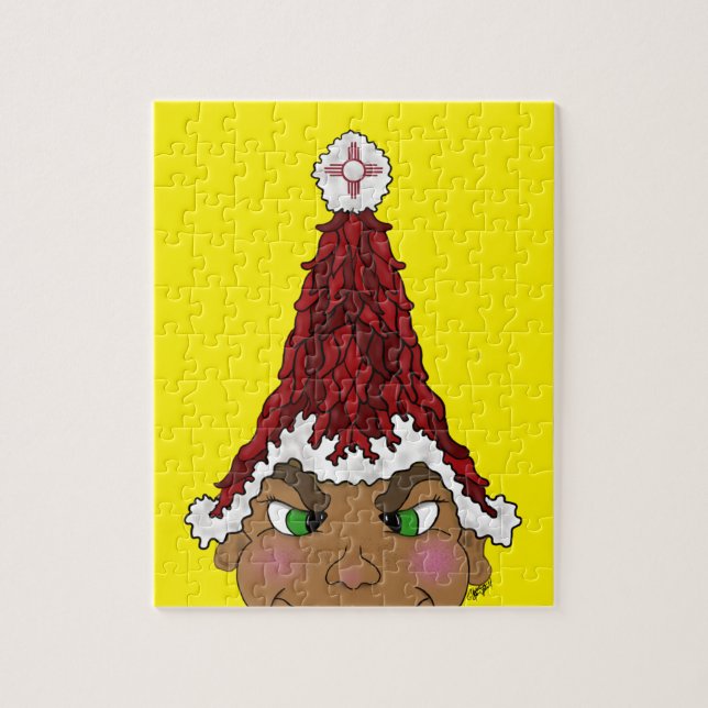 Elf wearing a Red Chile Santa Hat with a Zia Jigsaw Puzzle (Vertical)