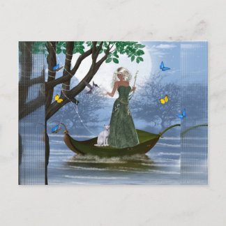 Elf & White Cat Riding on a Leaf Fantasy Postcards