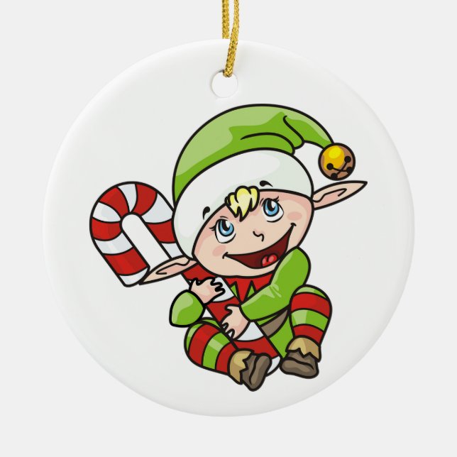 Elf with Candy Cane Ceramic Tree Decoration (Front)