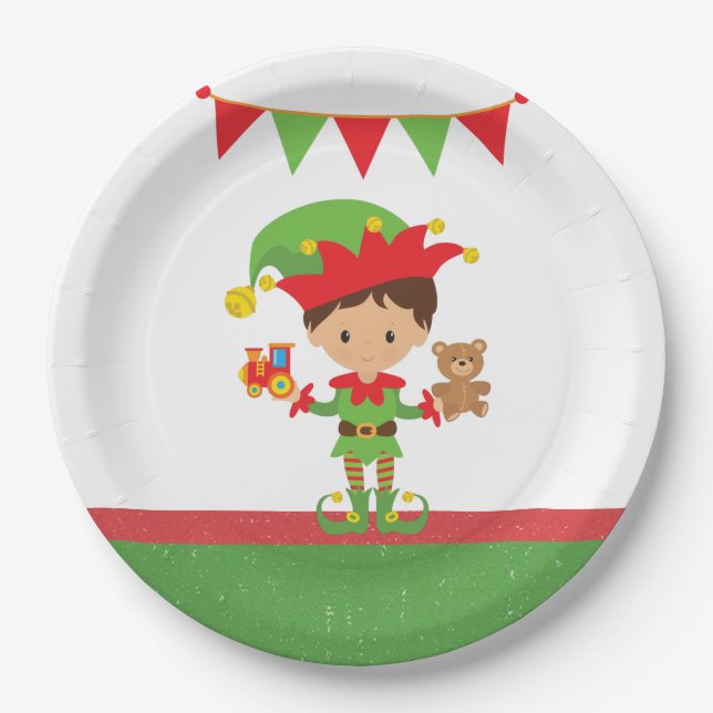 Elf With Gifts and White Background    Paper Plate (Front)