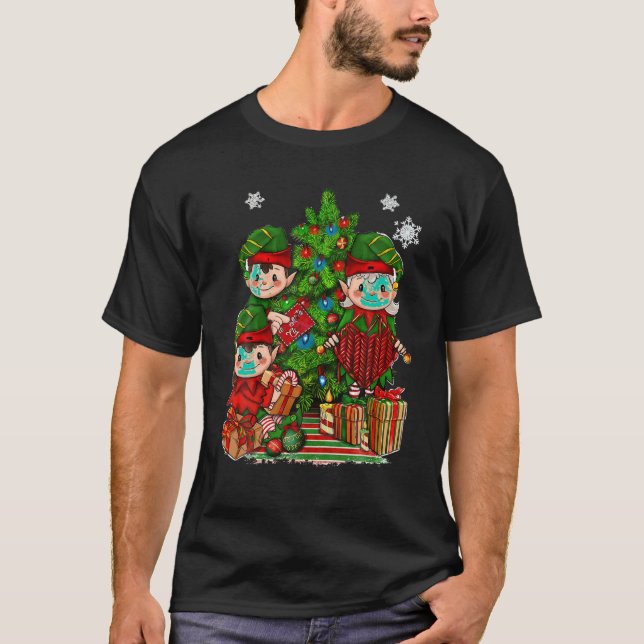 Elf With Knitting Xmas Tree Lights Christmas Famil T-Shirt (Front)