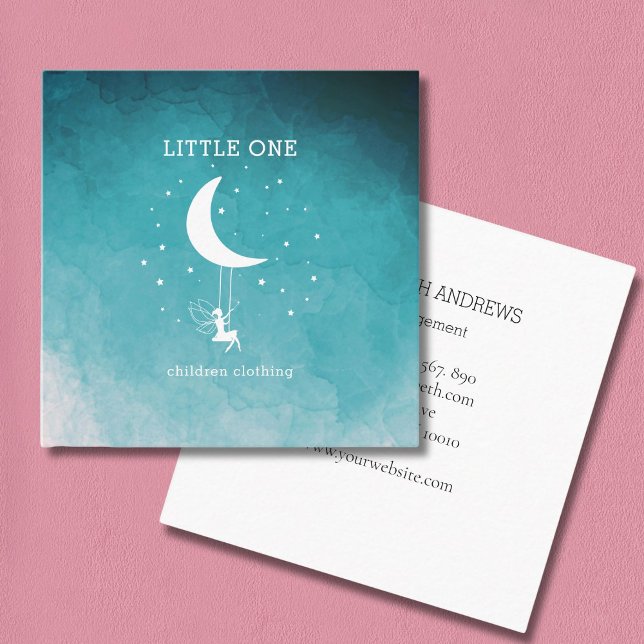 Elf with Magic wand Swing Stars Moon Square Business Card (Elf with Magic wand Swing Stars Moon Square Blue Business Card)