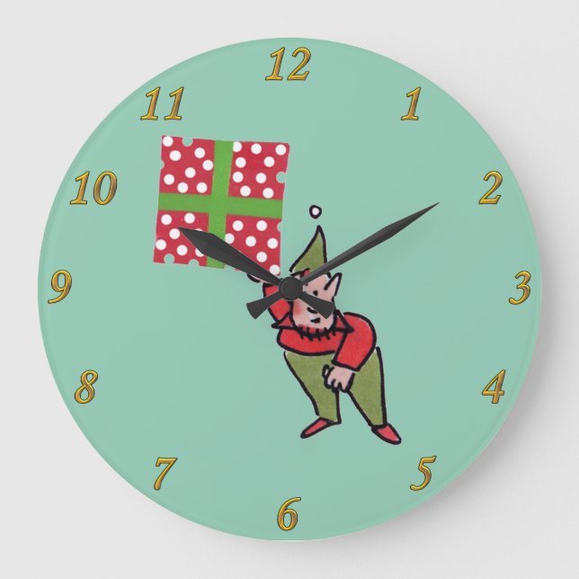 Elf With Polka Dot Gift green wall clock (Front)