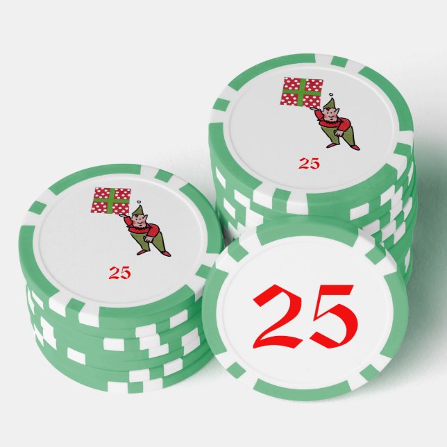 Elf With Polka Dot Gift grn 25 striped poker chip (Stack)