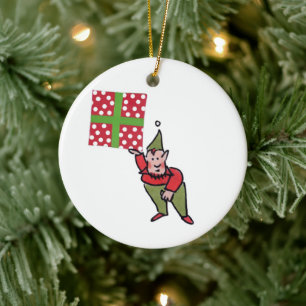Elf With Polka Dot Gift round ceramic ornament