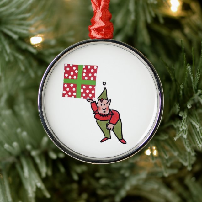 Elf With Polka Dot Gift round premium ornament (Tree)