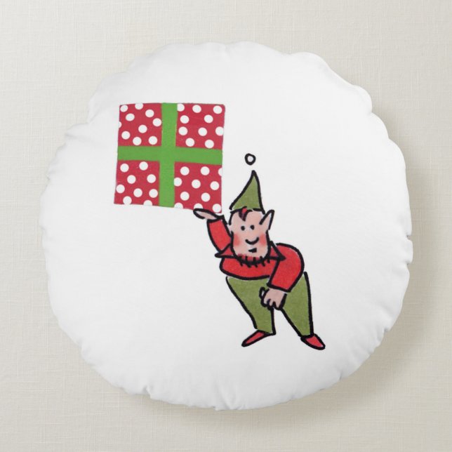 Elf With Polka Dot Gift round red poly pillow (Front)