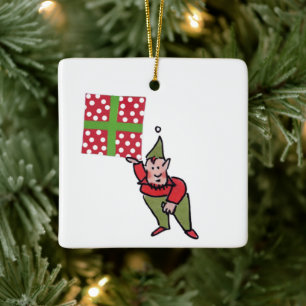 Elf With Polka Dot Gift square ceramic ornament
