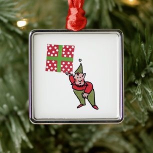 Elf With Polka Dot Gift square premium ornament
