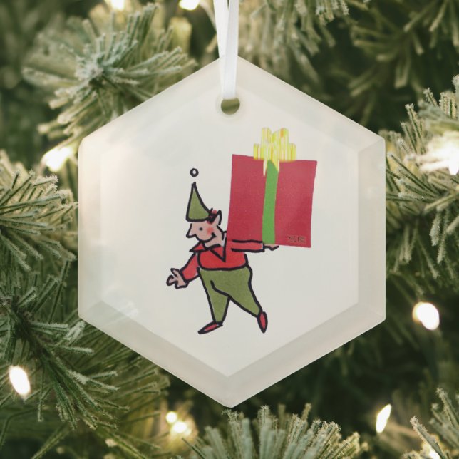 Elf With Red Box hexagon glass ornament (Insitu)