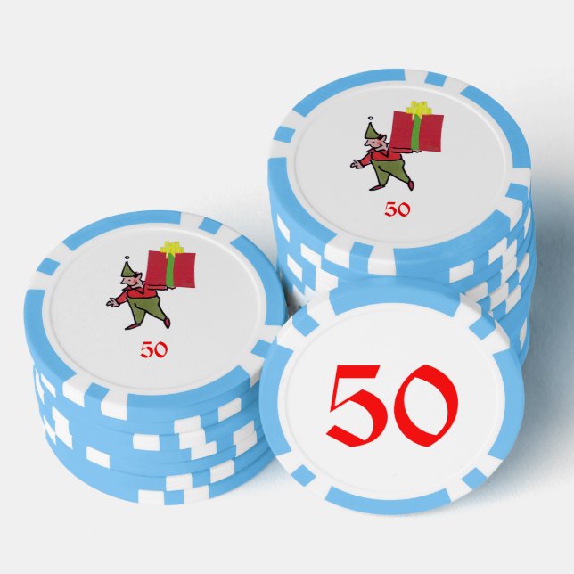 Elf With Red Box light blue 50 striped poker chip (Stack)