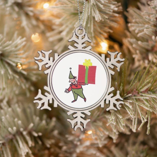 Elf With Red Box pewter snowflake ornament (Tree)