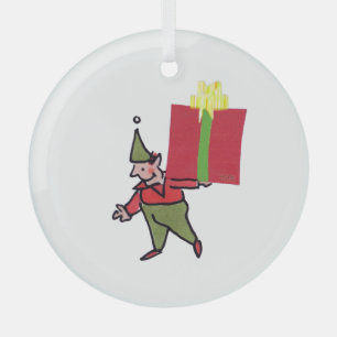 Elf With Red Box round glass ornament