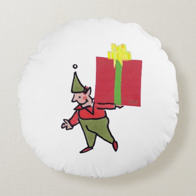 Elf With Red Box round red poly pillow (Front)