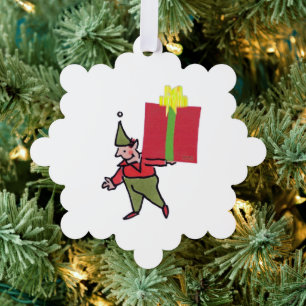 Elf With Red Box snowflake paper ornament