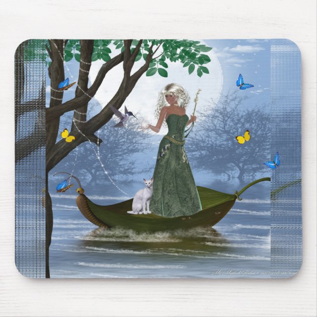 Elf with White Cat Riding on a Leaf Mousepad (Front)