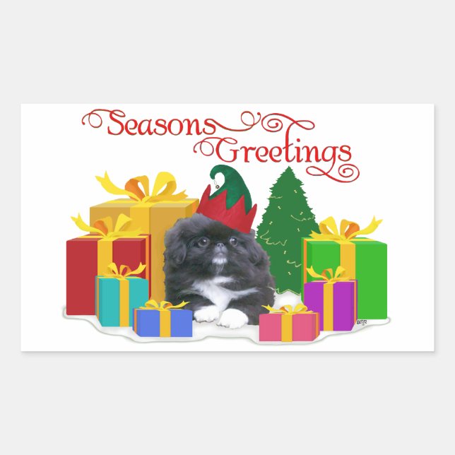 Elfin Pekingese Puppy Christmas Rectangular Sticker (Front)