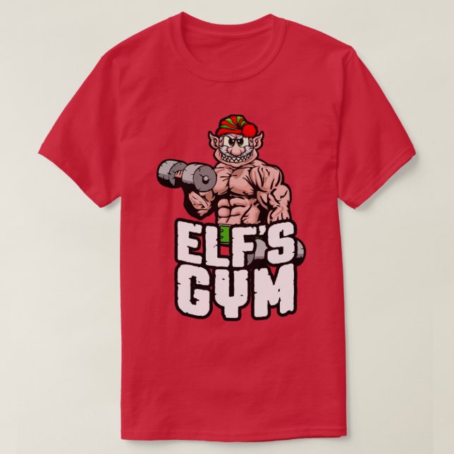 Elfs Gym Dumbbell Curl Bodybuilder Christmas Worko T-Shirt (Design Front)