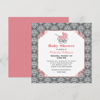 Elgant Damask Pink Stroller Baby Shower Invitation
