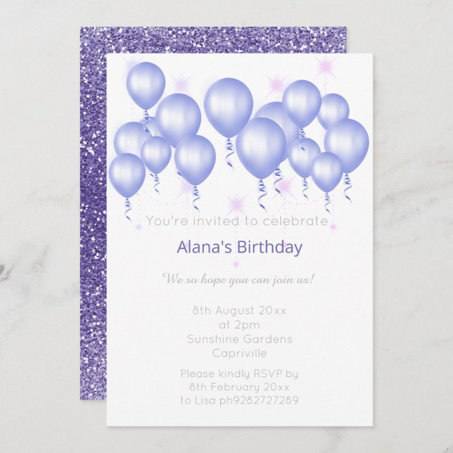 ELGANT MODERN BALLOON PURPLE GLITTER  BIRTHDAY INVITATION (Front/Back)