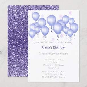ELGANT MODERN BALLOON PURPLE GLITTER BIRTHDAY INVITATION