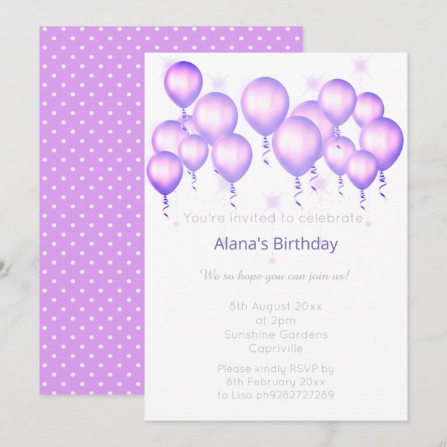 ELGANT MODERN BALLOON PURPLE SPOT BIRTHDAY INVITATION (Front/Back)