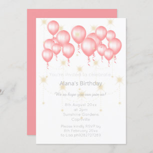 ELGANT MODERN BALLOON ROSE PINK REVERSE BIRTHDAY INVITATION