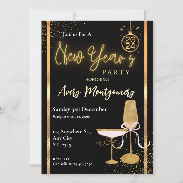 Elgante Black Gold Modern New Year Party  Invitation (Front)