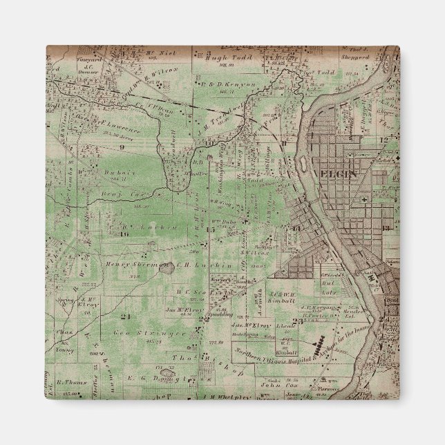 Elgin Illinois 1870 Plat Map Fox River Downtown Magnet (Front)