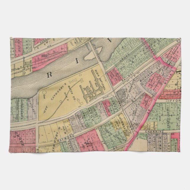 Elgin Illinois 1871 Map Elgin Watch Factory Tea Towel (Horizontal)
