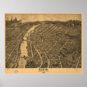 Elgin Illinois 1880 Antique Panoramic Map Poster