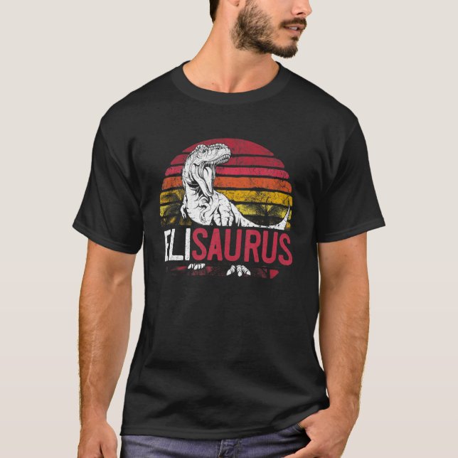 Eli Saurus Funny Personalised Dinosaur T Rex Name T-Shirt (Front)