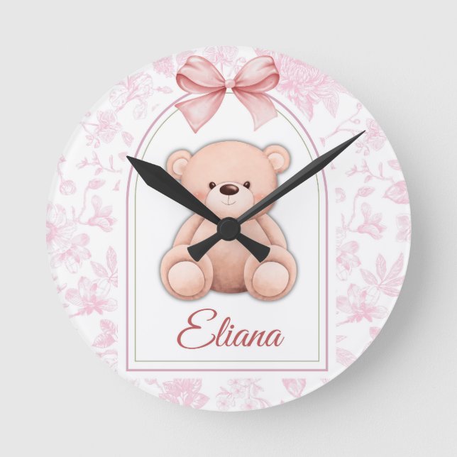 Eliana | Custom Pink Teddy Bear Nursery Design  Round Clock (Front)