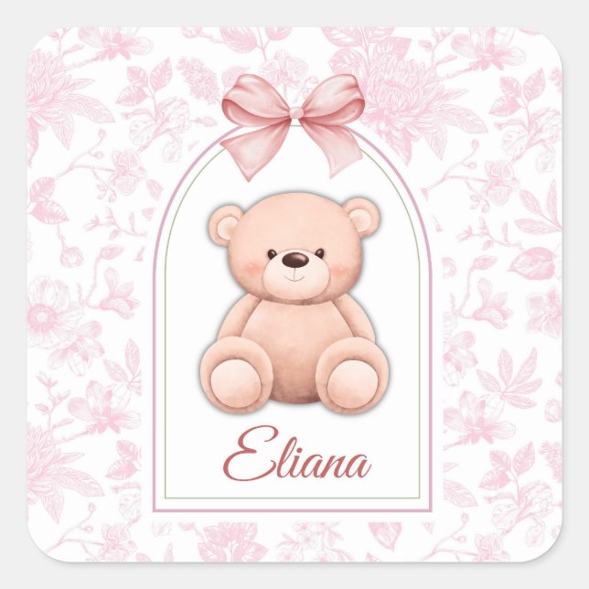 Eliana | Custom Pink Teddy Bear Nursery Design  Square Sticker (Front)