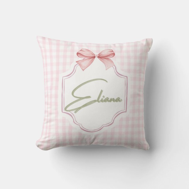 Eliana Personalized Pink Bow & Gingham Print  Cushion (Front)