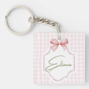 Eliana Personalized Pink Bow & Gingham Print  Key Ring