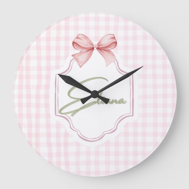 Eliana Personalized Pink Bow & Gingham Print  Large Clock (Front)