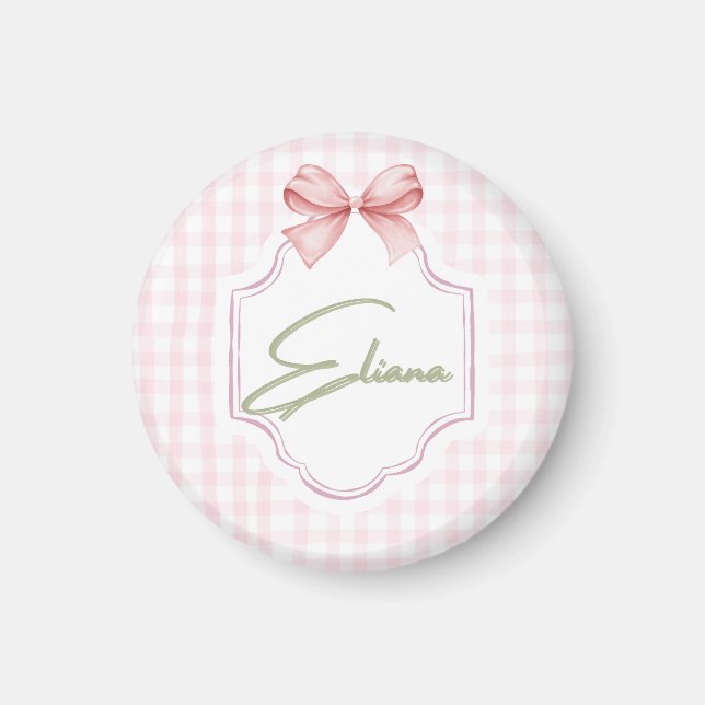 Eliana Personalized Pink Bow & Gingham Print  Magnet (Front)