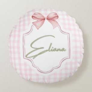 Eliana Personalized Pink Bow & Gingham Print  Round Cushion