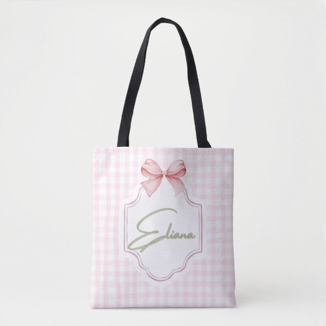 Eliana Personalized Pink Bow & Gingham Print  Tote Bag (Front)