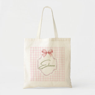 Eliana Personalized Pink Bow & Gingham Print Tote Bag