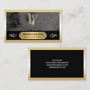 Elite Barber   Black Marble Gold Border Business Card