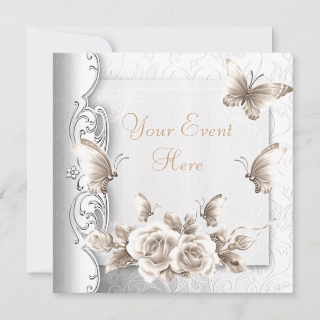 Elite Elegant Birthday Party Beige White Flowers Invitation (Front)