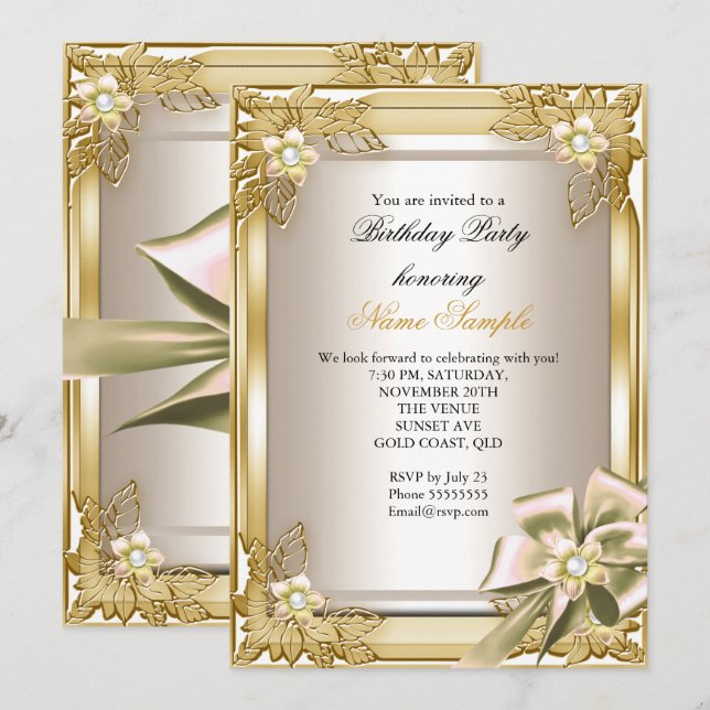 Elite Elegant Birthday Party Gold Cream Bow L Invitation (Front/Back)