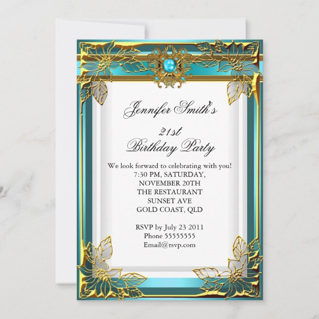 Elite Elegant Birthday Party Teal Blue Gold White Invitation (Front)
