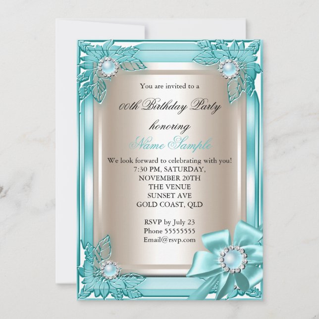 Elite Elegant Birthday Party Teal Cream Bow 3 Invitation (Front)