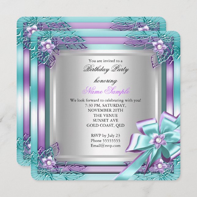 Elite Elegant Birthday Party Teal Purple Silver Invitation (Front/Back)