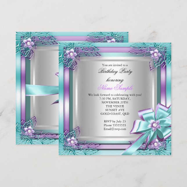 Elite Elegant Birthday Party Teal Purple Silver Invitation (Front/Back)