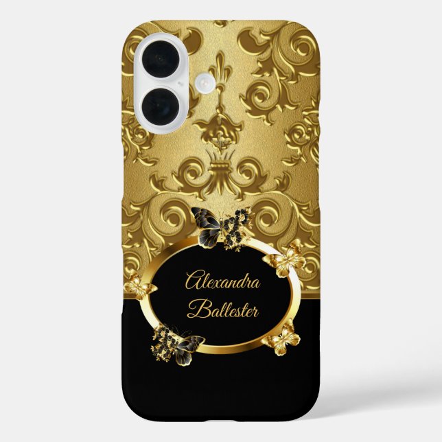 Elite Elegant Damask Floral Butterfly Gold Black  Case-Mate iPhone Case (Back)