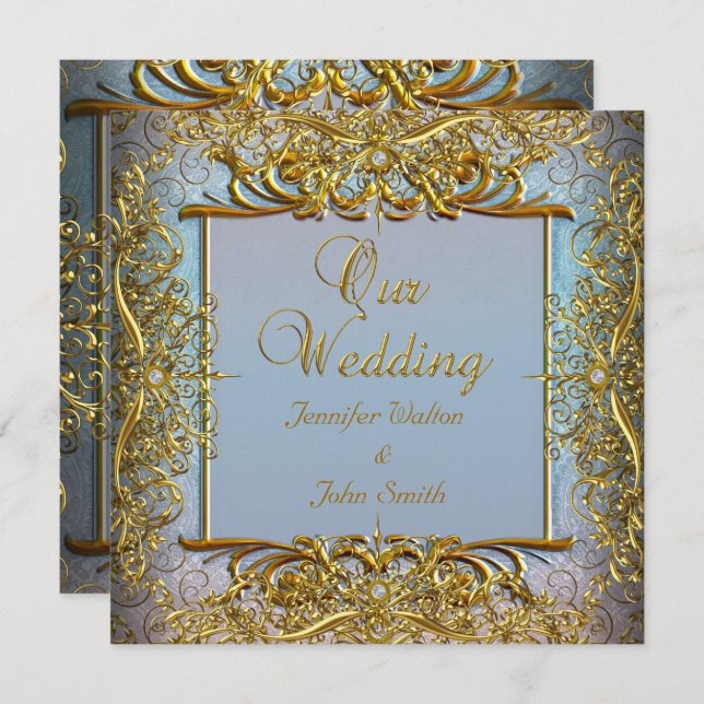 Elite Elegant Wedding Blue Set Beige Gold Invitation (Front/Back)